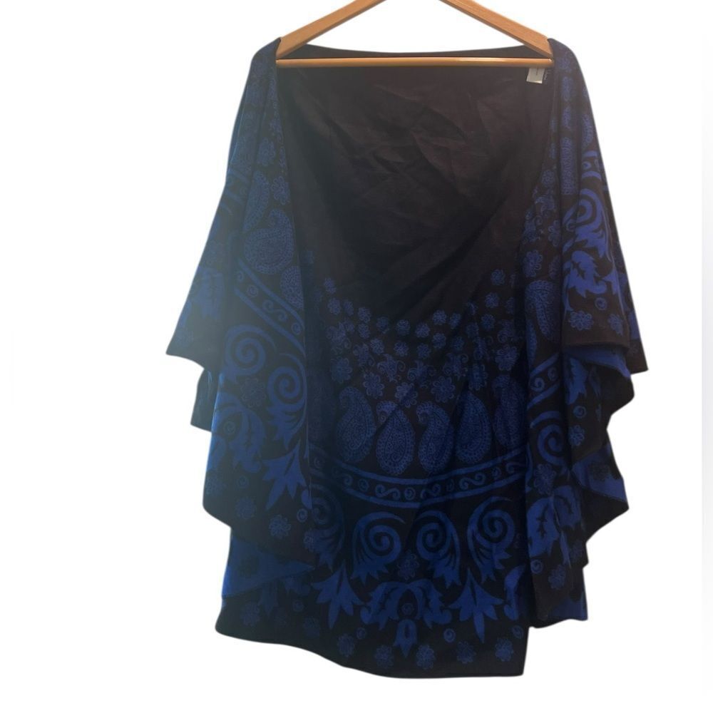 Shana Blue & Black Paisley Knit Poncho Wrap Shawl 100% Acrylic One Size